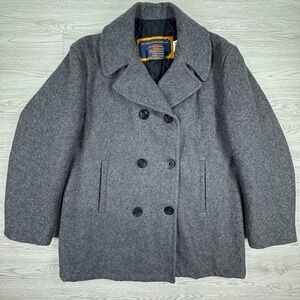 VINTAGE Fox Knapp Men's Pea Coat Gray 42 Wool Blend Quilted Lining Made in USA